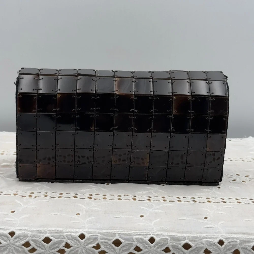 Shira Leah Horn Tile Clutch Black Brown Beaded Strap Y2K Evening Crossbody Bag